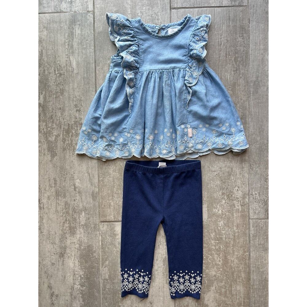 BCBGirls Chambray Eyelet Ruffle Tunic Sundress 2-Piece Outfit Set 12 Months